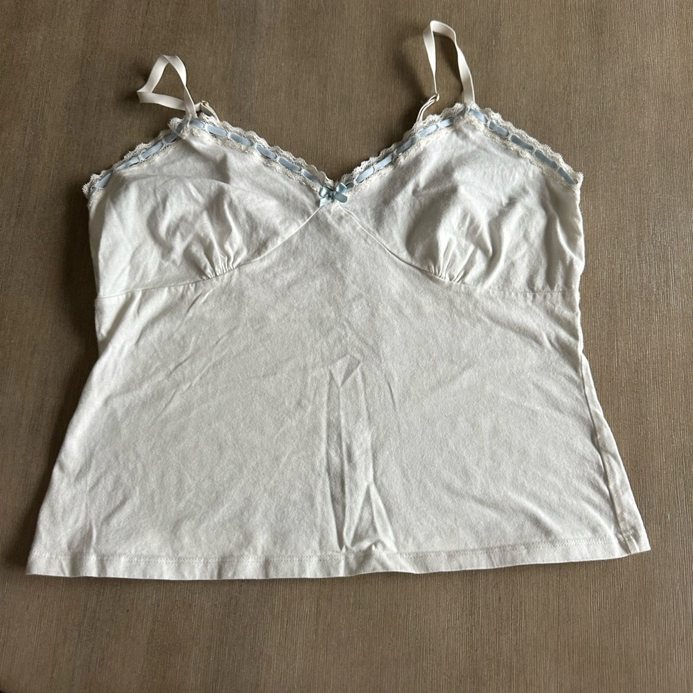 Pink by Frankie’s Bikinis White Cotton Lace-Trim Cami with Light Blue Accents XL